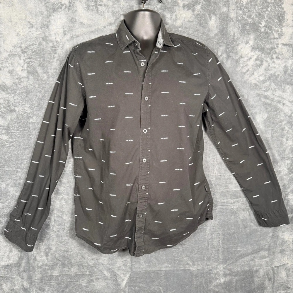 DKNY Mens Long‎ Sleeve Button Up Shirt M Black All Over Logo Print Cotton